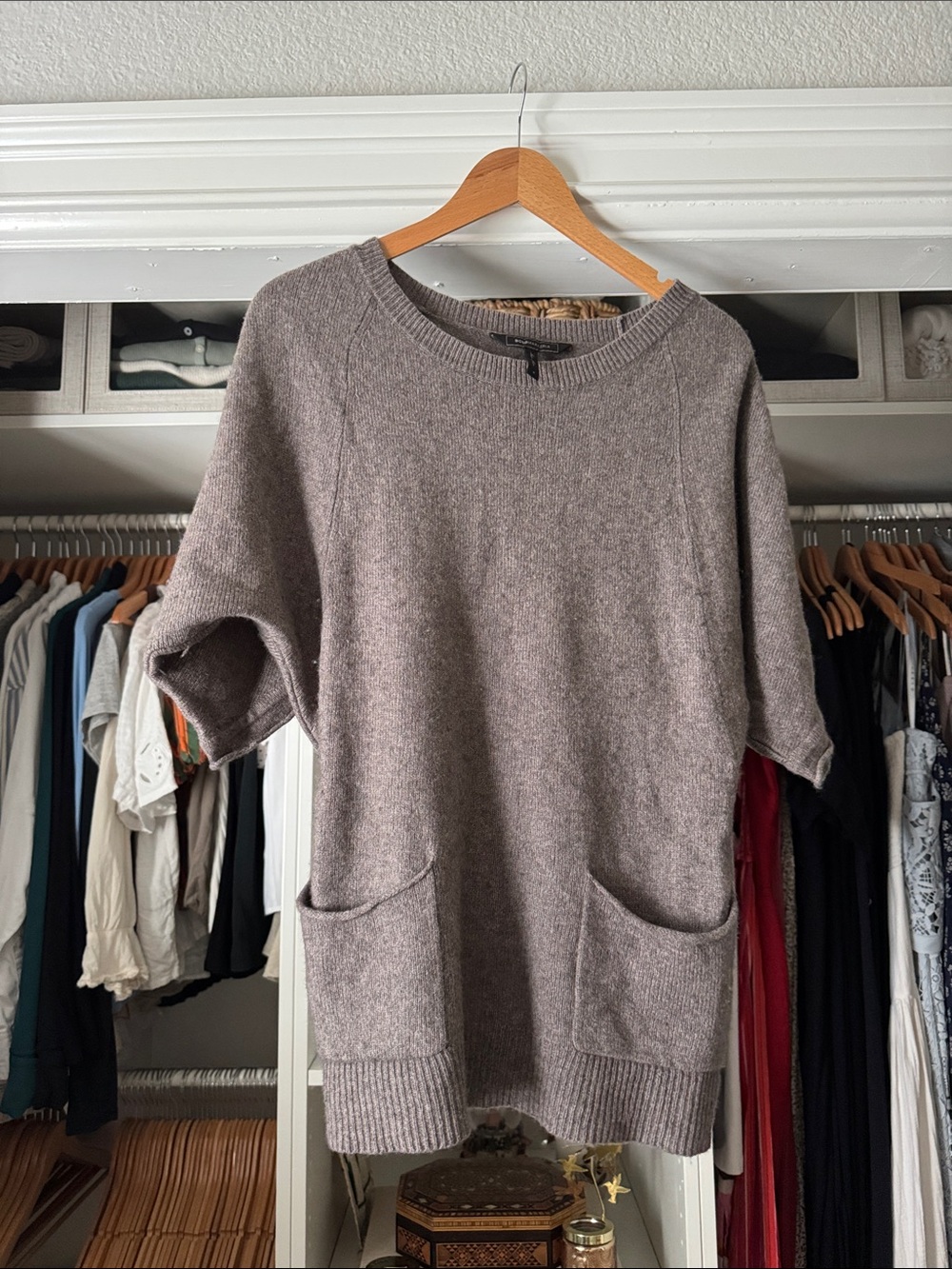 BCBGMaxAzria Taupe Short-Sleeve Crewneck Sweater with Pockets